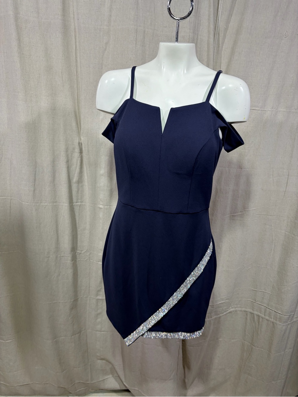 I.N. San Francisco Navy Cold-Shoulder Mini Dress with Silver Sequin Trim
